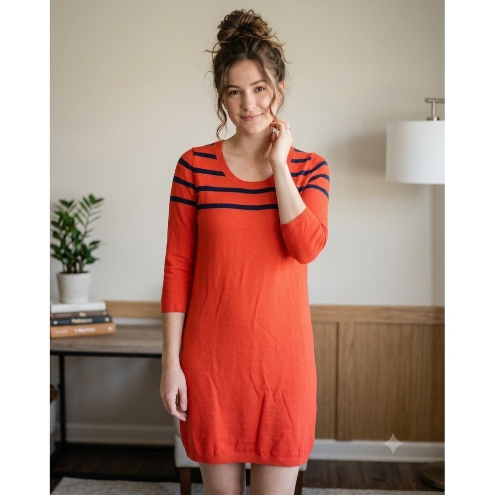 Old Navy Women's Petite Small Orange Navy Striped 100% Cotton Sweater Dress Cozy